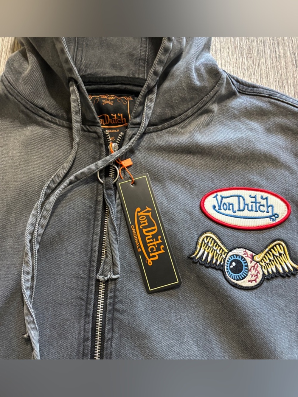 Von Dutch Flying Eye Washed Zip Denim Jacket Mens Size S Oversized NWT